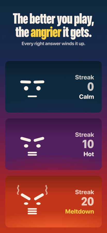 Three Grump faces side by side: calm at streak 0, hot at 10 and in meltdown at 20
