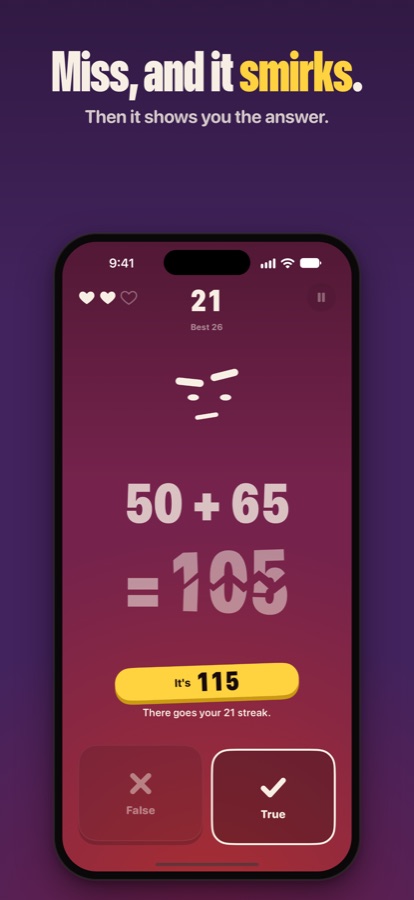 The wrong-answer screen: a cracked wrong number, the correct answer 115 and a smirking Grump