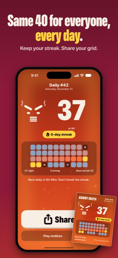 The Daily result: 37 out of 40, a five day streak and the share card