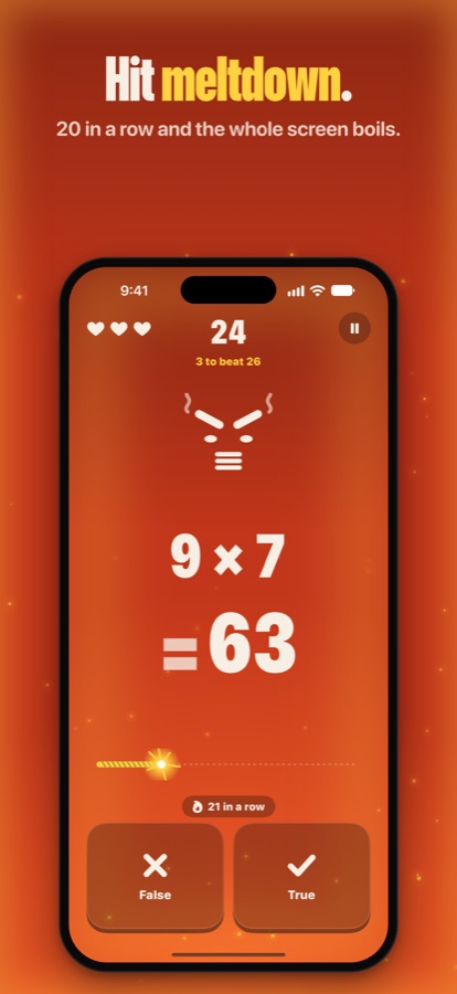 A run at streak 21: the screen is ember red, the fuse is short and sparks rise